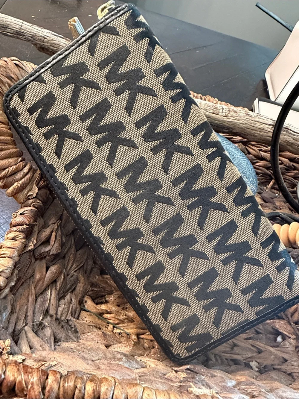 Michael Kors Black & Tan Logo Zip Wallet with Gold Plate
